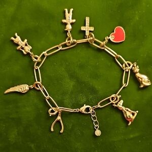 Gold-tone Charm Bracelet with Red Heart Enamel